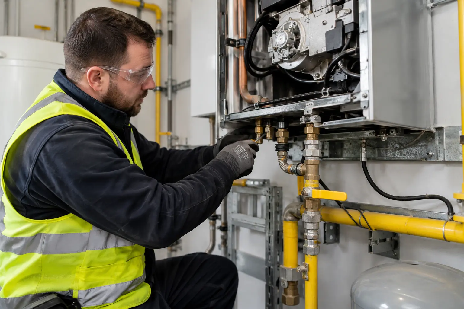 Gas Safe engineer carrying out commercial gas installation