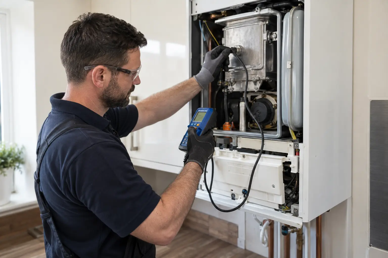 Gas Safe engineer carrying out gas boiler servicing